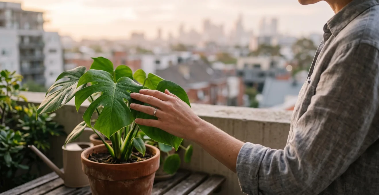 Une main effleurant délicatement les feuilles d'une plante verte sur un balcon urbain au lever du jour, symbolisant la reconnexion au vivant