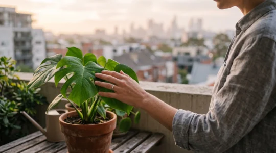 Une main effleurant délicatement les feuilles d'une plante verte sur un balcon urbain au lever du jour, symbolisant la reconnexion au vivant
