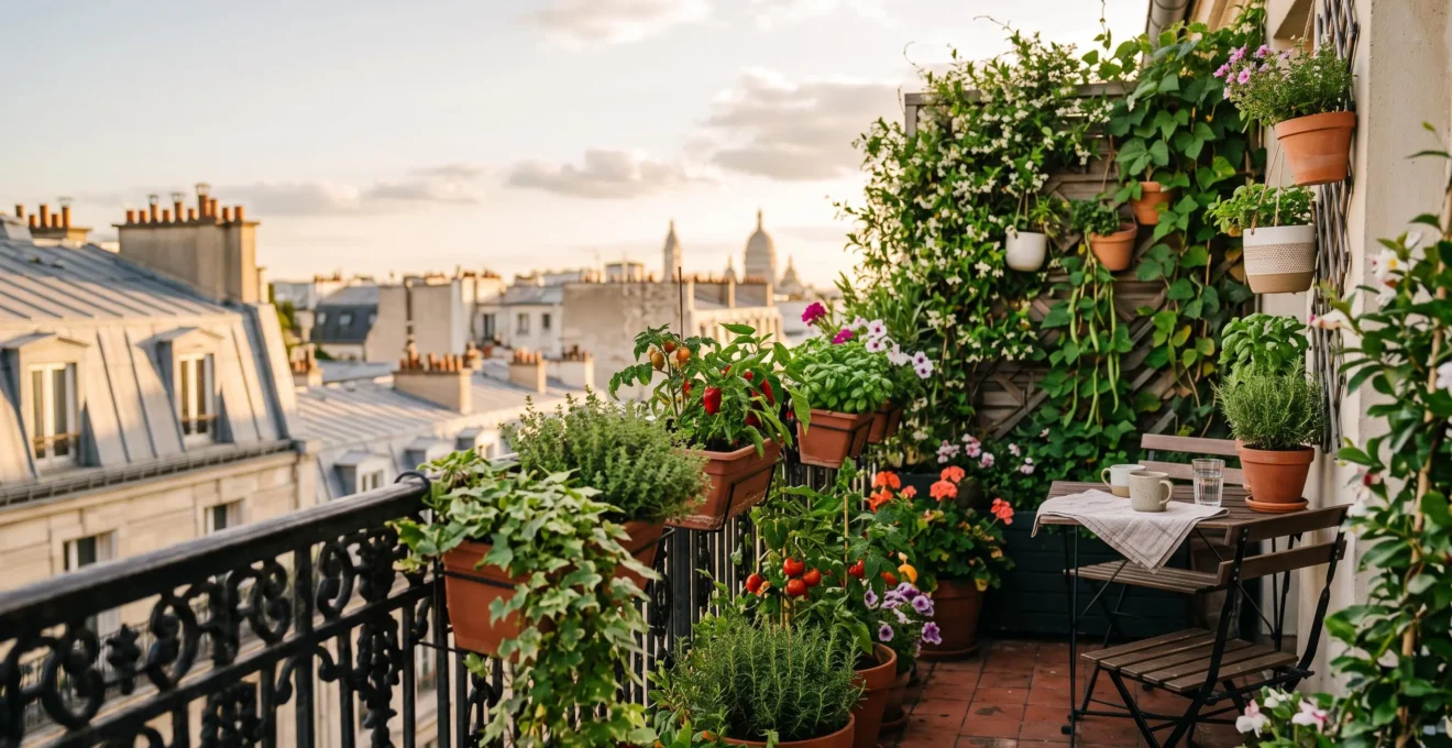 Petit balcon parisien de moins de 5 m2 amenage avec des plantes potageres et un coin assise cosy