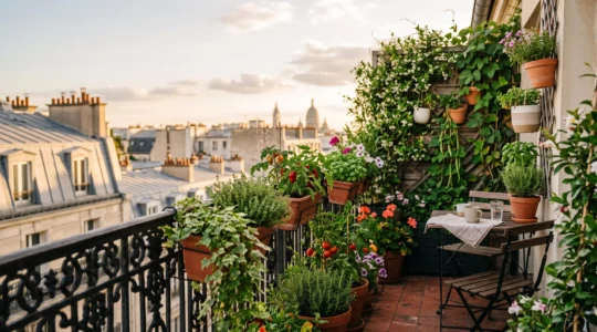 Petit balcon parisien de moins de 5 m2 amenage avec des plantes potageres et un coin assise cosy