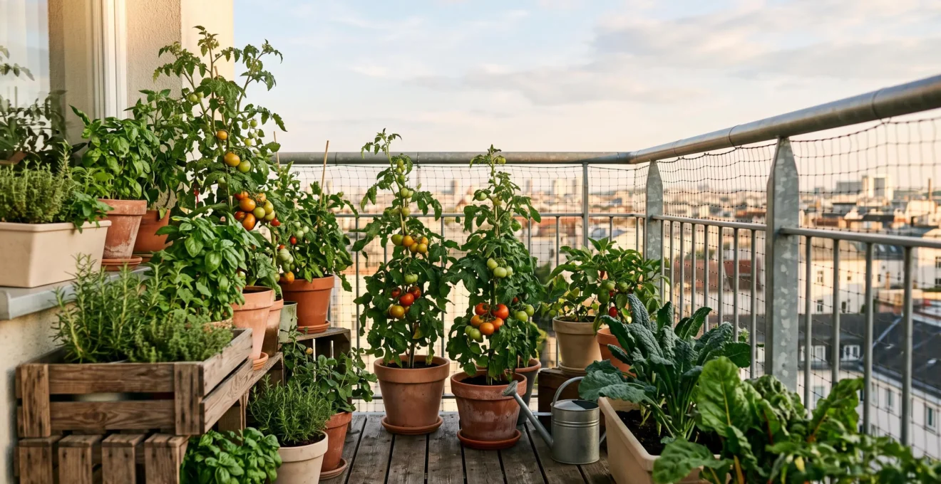 Balcon urbain aménagé en potager productif avec tomates, herbes aromatiques et légumes-feuilles en pots à l'heure dorée