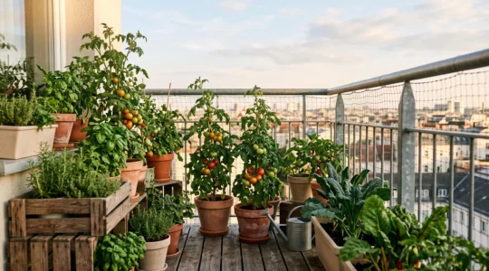 Balcon urbain aménagé en potager productif avec tomates, herbes aromatiques et légumes-feuilles en pots à l'heure dorée