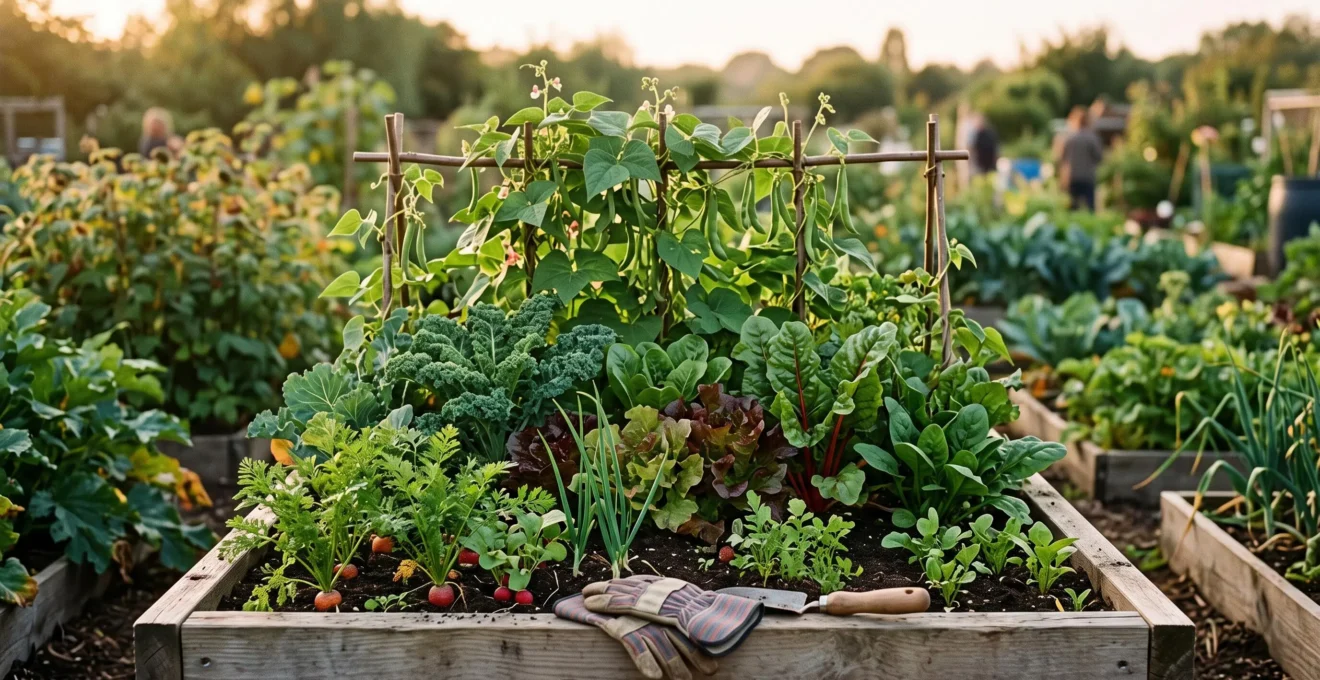Carré potager compact et luxuriant avec plusieurs étages de légumes en pleine récolte, illustrant une production continue toute la saison