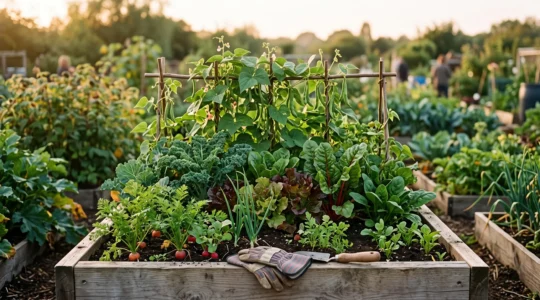 Carré potager compact et luxuriant avec plusieurs étages de légumes en pleine récolte, illustrant une production continue toute la saison