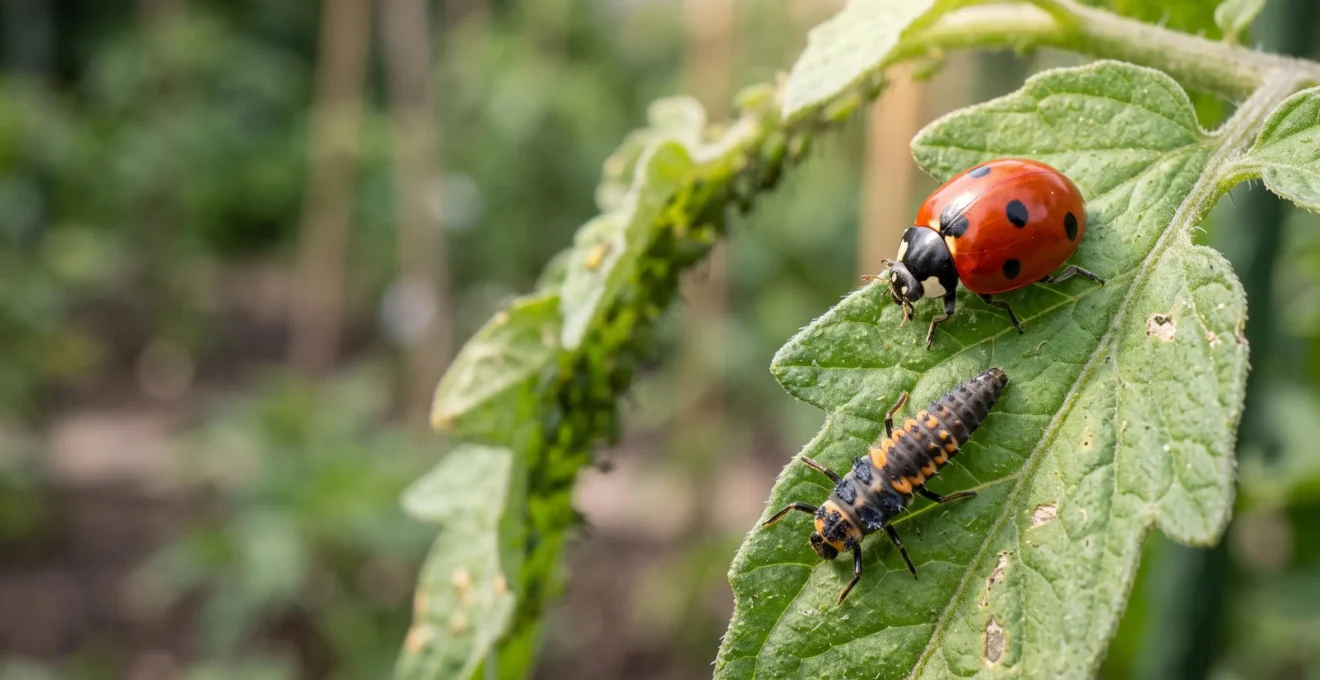 Coccinelle adulte et sa larve côte à côte sur une feuille de potager, symbole de la lutte biologique contre les ravageurs