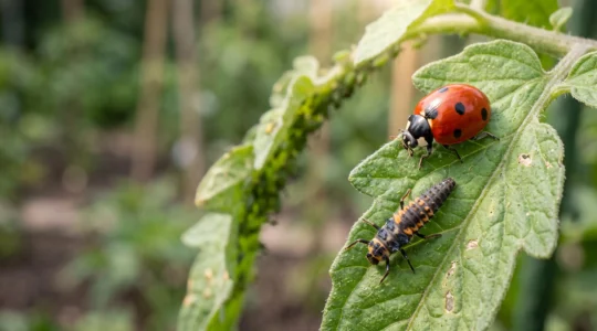 Coccinelle adulte et sa larve côte à côte sur une feuille de potager, symbole de la lutte biologique contre les ravageurs