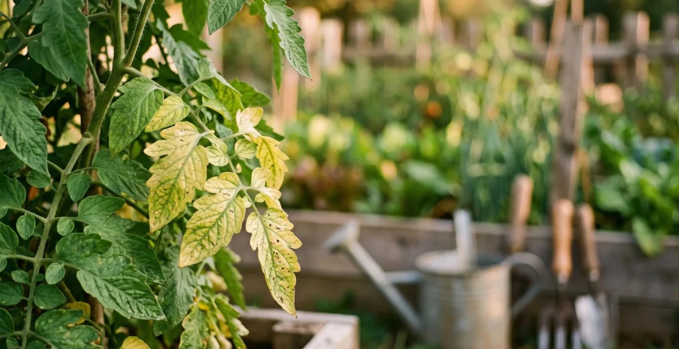 Gros plan contrasté sur des feuilles de tomate, une saine et une jaunissante, illustrant le diagnostic des carences nutritives au potager