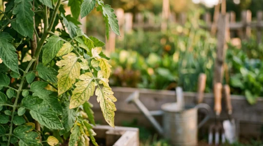 Gros plan contrasté sur des feuilles de tomate, une saine et une jaunissante, illustrant le diagnostic des carences nutritives au potager