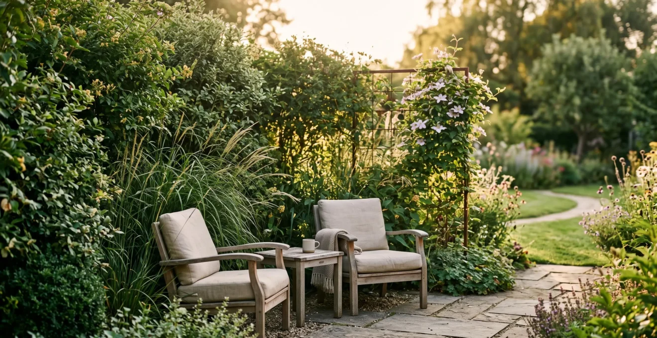 Jardin entouré d'un écran végétal dense mais lumineux, créant une intimité naturelle sans effet de mur fermé