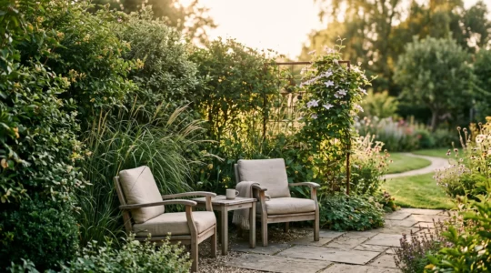 Jardin entouré d'un écran végétal dense mais lumineux, créant une intimité naturelle sans effet de mur fermé