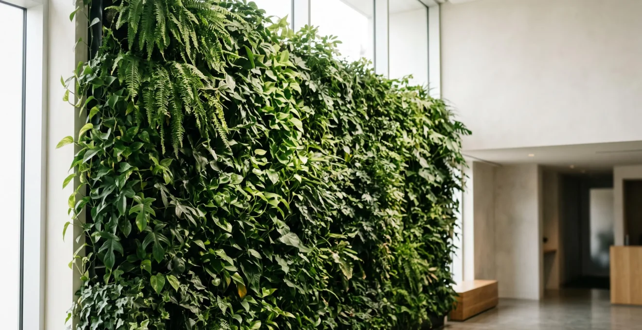 Mur végétal luxuriant et dense recouvrant un espace vertical intérieur, illustrant une installation réussie qui maximise la verdure