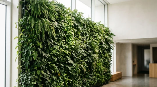 Mur végétal luxuriant et dense recouvrant un espace vertical intérieur, illustrant une installation réussie qui maximise la verdure
