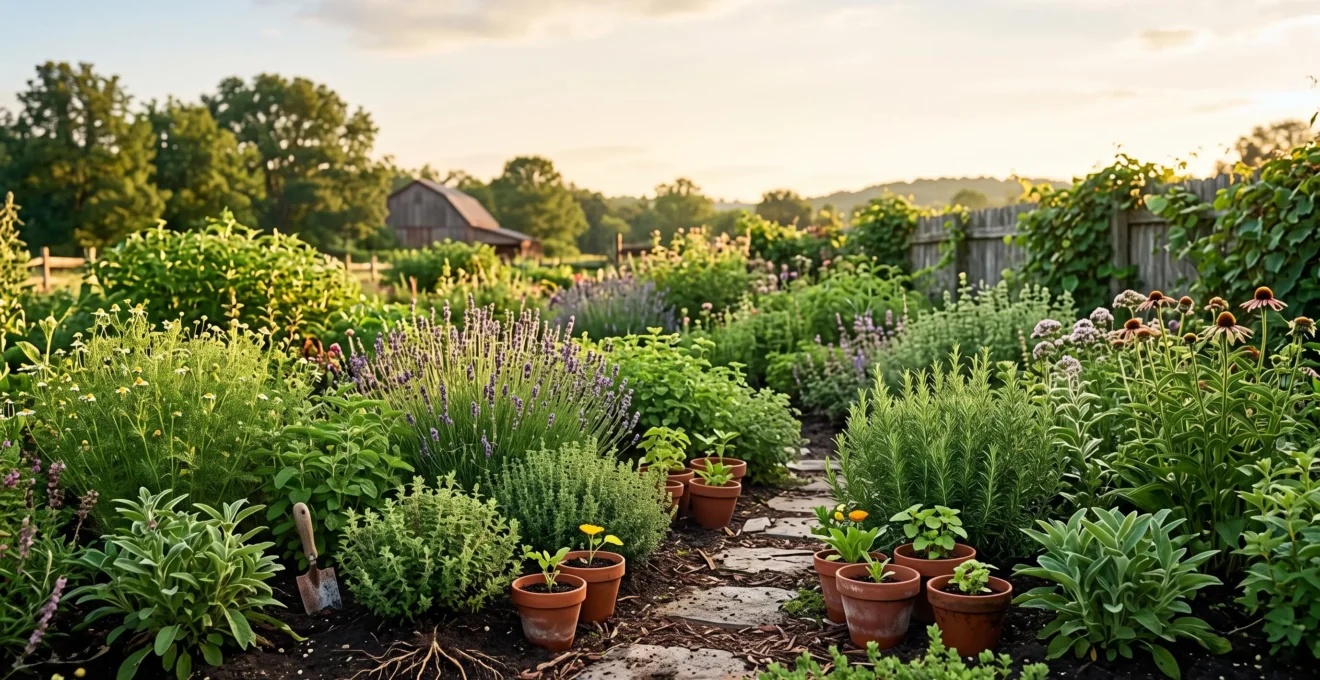 Jardin luxuriant de plantes médicinales et adaptogènes baigné de lumière douce, symbole de vitalité et de résistance au stress