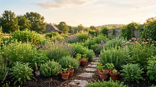 Jardin luxuriant de plantes médicinales et adaptogènes baigné de lumière douce, symbole de vitalité et de résistance au stress