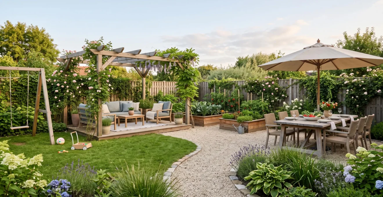 Jardin familial organisé en plusieurs zones harmonieuses pour les jeux, la détente, le potager et les repas en extérieur