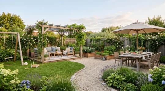 Jardin familial organisé en plusieurs zones harmonieuses pour les jeux, la détente, le potager et les repas en extérieur