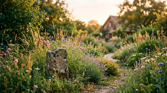 Un jardin naturel et fleuri au lever du soleil, symbolisant la reconnaissance officielle d'un espace écologique exemplaire
