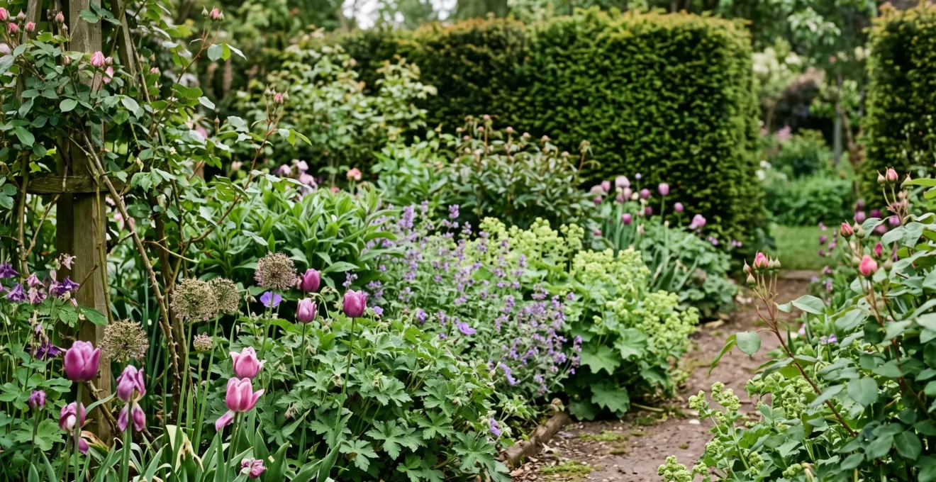 Massif de jardin luxuriant illustrant une transition florale entre le printemps et l'été, avec structures persistantes et floraisons échelonnées