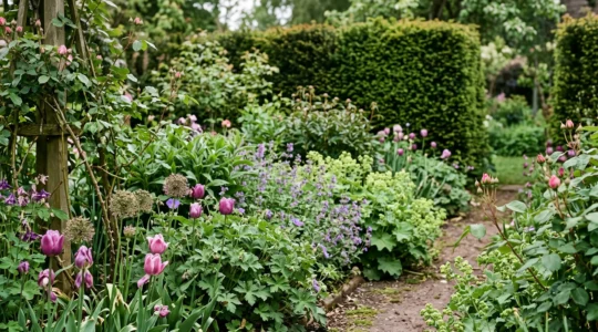 Massif de jardin luxuriant illustrant une transition florale entre le printemps et l'été, avec structures persistantes et floraisons échelonnées