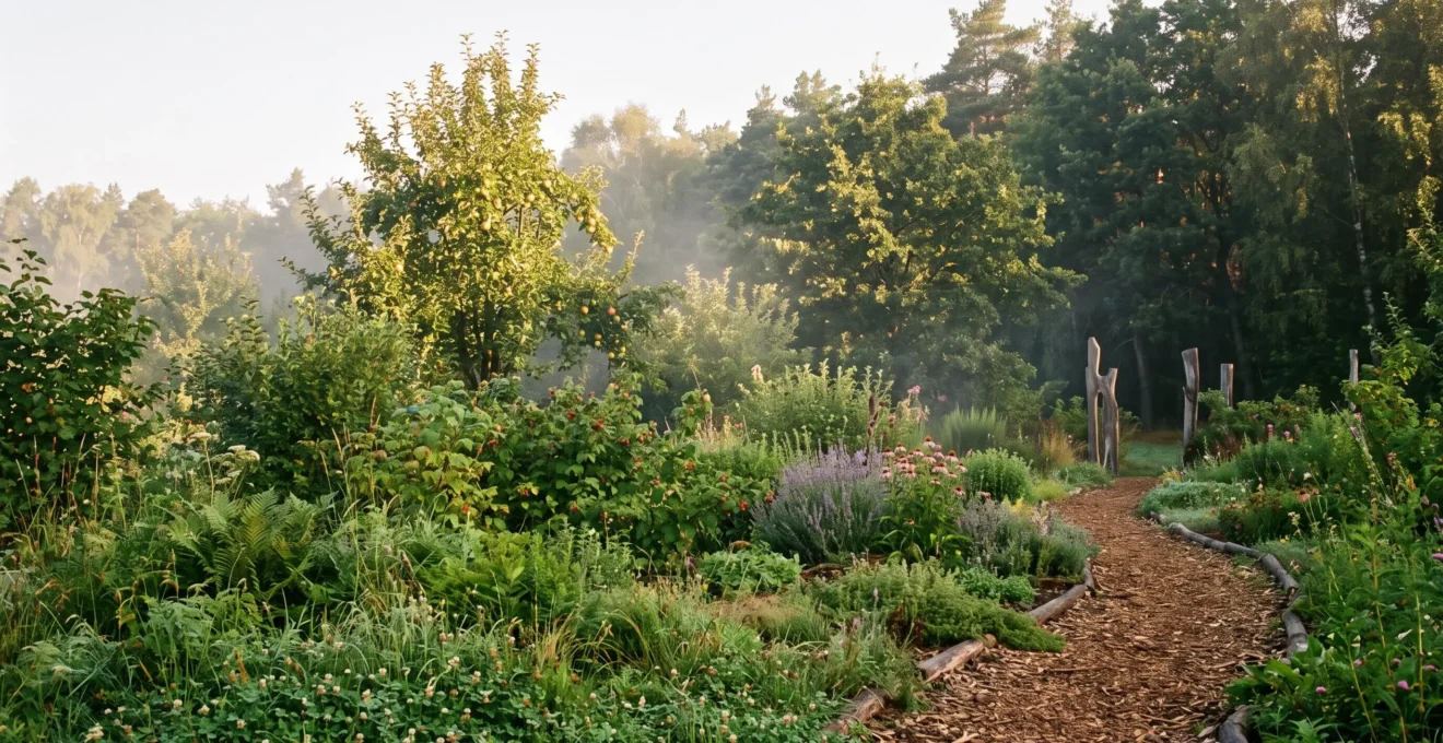 Un jardin luxuriant et multi-étages inspiré d'une lisière de forêt, baigné de lumière douce, illustrant un écosystème qui se régule seul