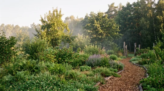 Un jardin luxuriant et multi-étages inspiré d'une lisière de forêt, baigné de lumière douce, illustrant un écosystème qui se régule seul