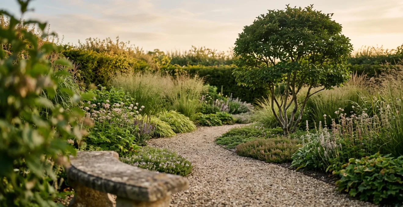 Jardin paysager avec allée courbe, massifs étagés et point focal, composition équilibrée vue en lumière dorée