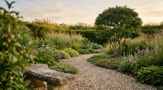 Jardin paysager avec allée courbe, massifs étagés et point focal, composition équilibrée vue en lumière dorée