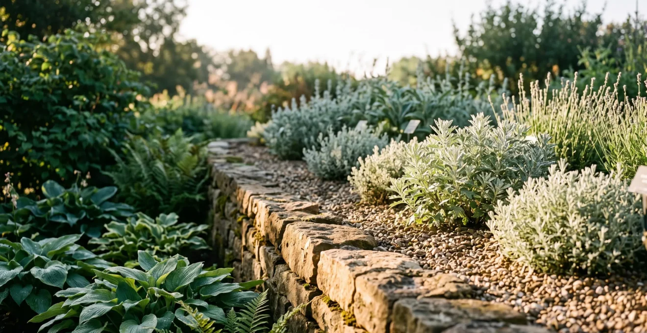 Jardin luxuriant avec des zones de plantes adaptées à différentes expositions de lumière, illustrant la diversité d'un microclimat bien exploité