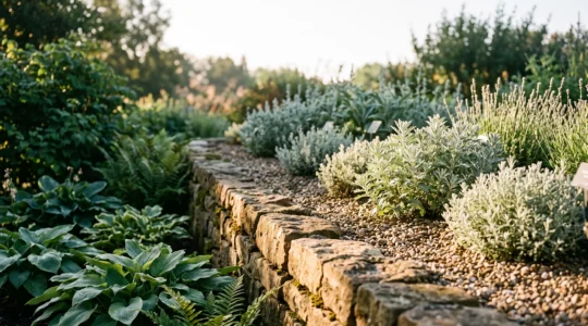 Jardin luxuriant avec des zones de plantes adaptées à différentes expositions de lumière, illustrant la diversité d'un microclimat bien exploité