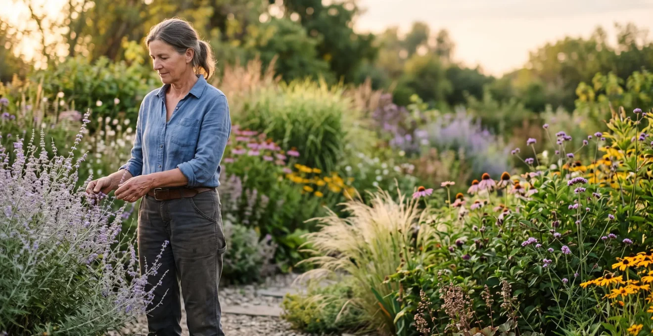 Jardinier observant au petit matin un aménagement végétal luxuriant et naturellement adapté à son climat local