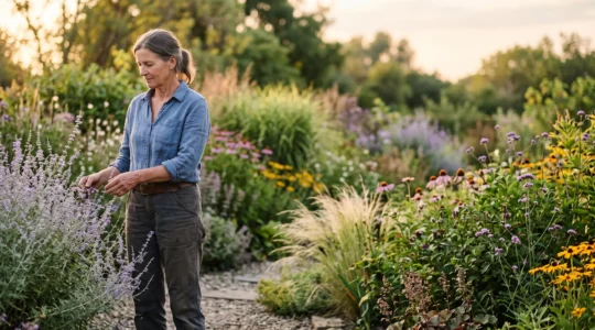 Jardinier observant au petit matin un aménagement végétal luxuriant et naturellement adapté à son climat local