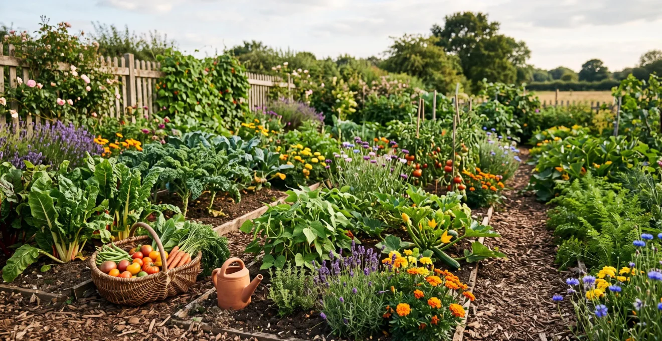 Un jardin potager foisonnant et sain, cultivé sans produits chimiques, où se mêlent légumes, fleurs sauvages et paillage naturel dans une lumière douce de fin de journée