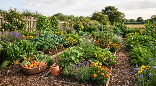 Un jardin potager foisonnant et sain, cultivé sans produits chimiques, où se mêlent légumes, fleurs sauvages et paillage naturel dans une lumière douce de fin de journée
