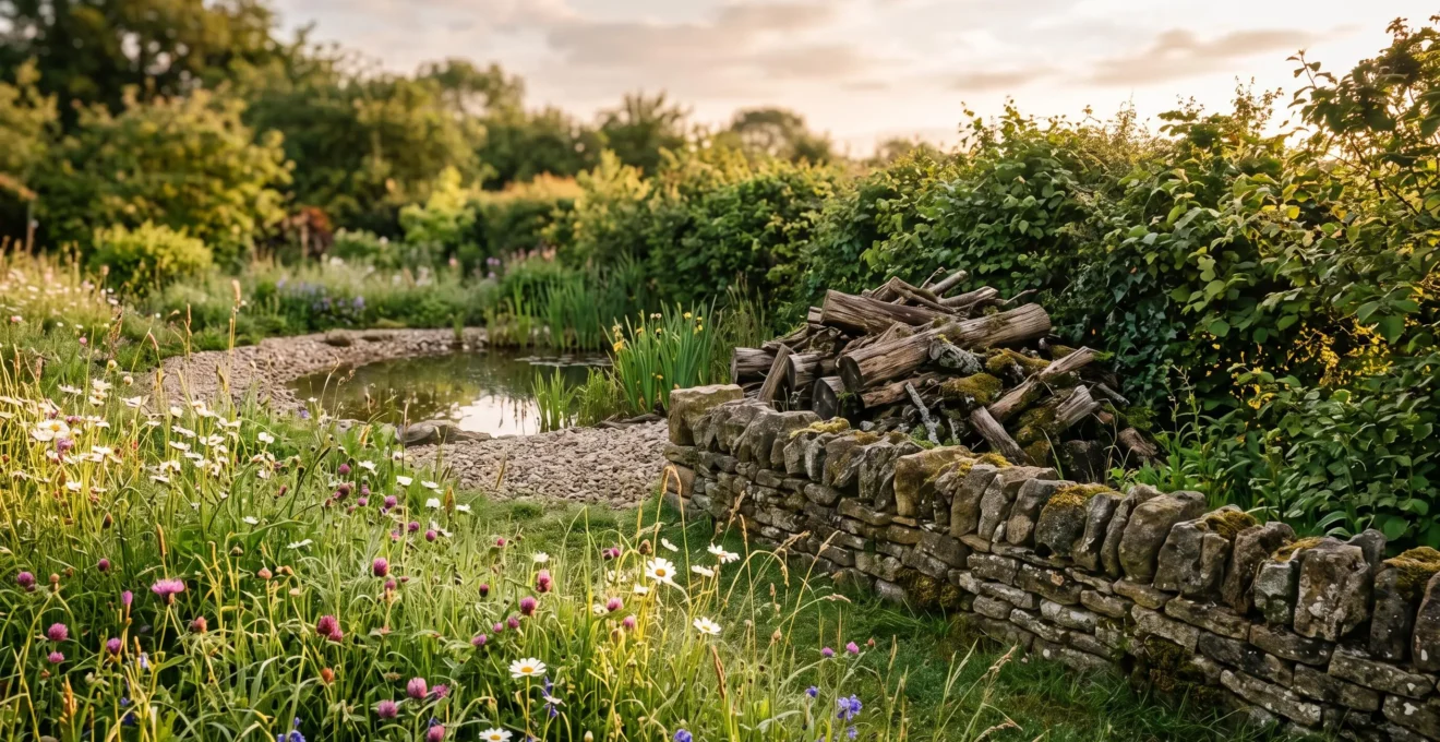 Jardin naturel au petit matin avec massif fleuri, mangeoire en bois et abri à hérisson dans une lumière dorée