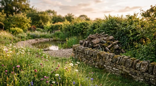 Jardin naturel au petit matin avec massif fleuri, mangeoire en bois et abri à hérisson dans une lumière dorée