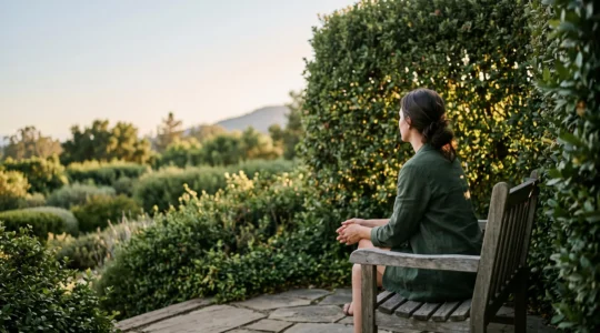 Coin de jardin apaisant avec siège en bois niché entre des plantations, offrant un refuge de décompression baigné de lumière douce