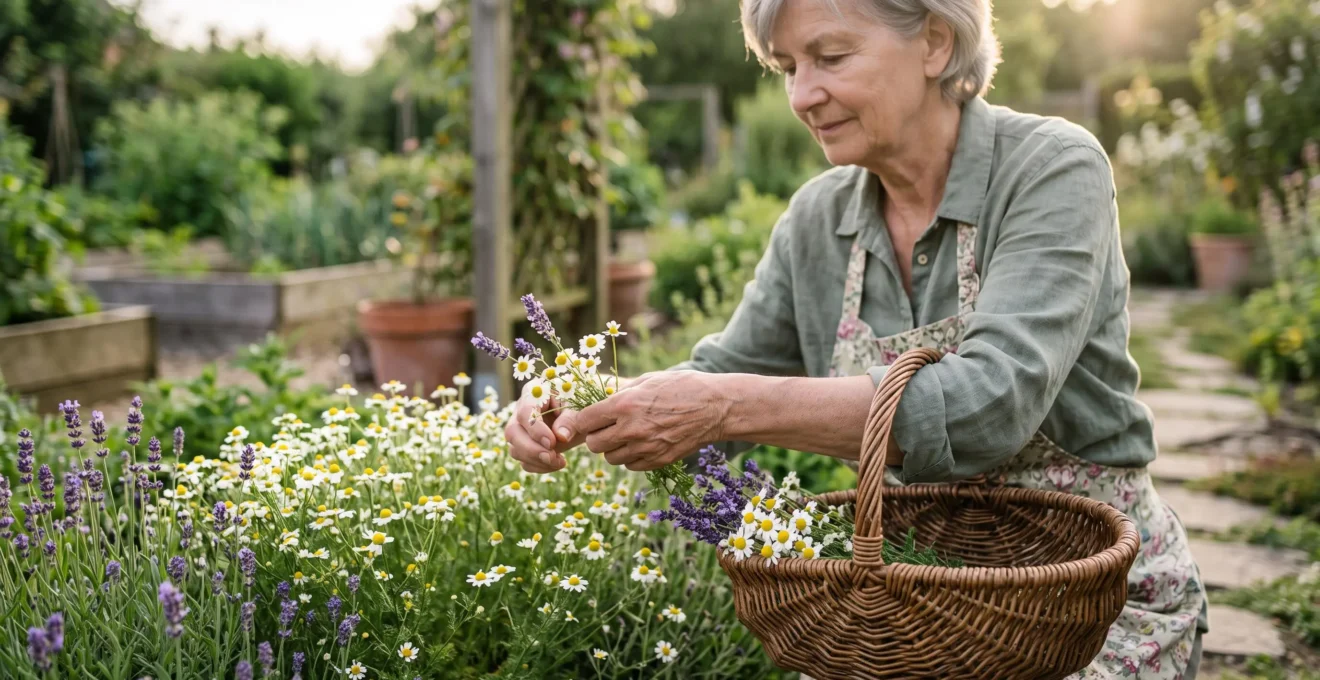 Un jardin domestique baigné de lumière douce où poussent des plantes médicinales apaisantes comme la camomille et la lavande