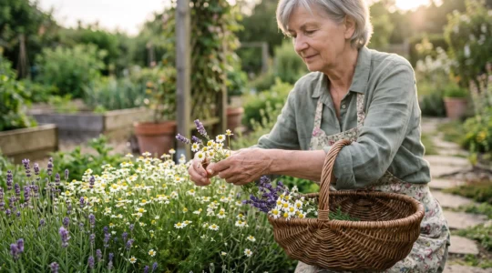 Un jardin domestique baigné de lumière douce où poussent des plantes médicinales apaisantes comme la camomille et la lavande