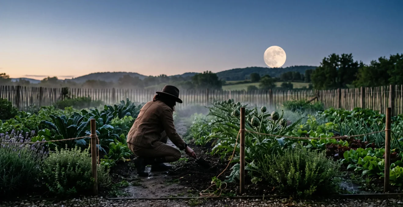 Jardinier silhouette dans un potager au crépuscule sous une pleine lune, illustrant le jardinage en accord avec les cycles lunaires et saisonniers