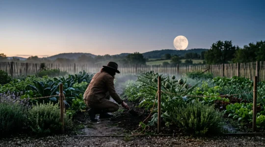Jardinier silhouette dans un potager au crépuscule sous une pleine lune, illustrant le jardinage en accord avec les cycles lunaires et saisonniers