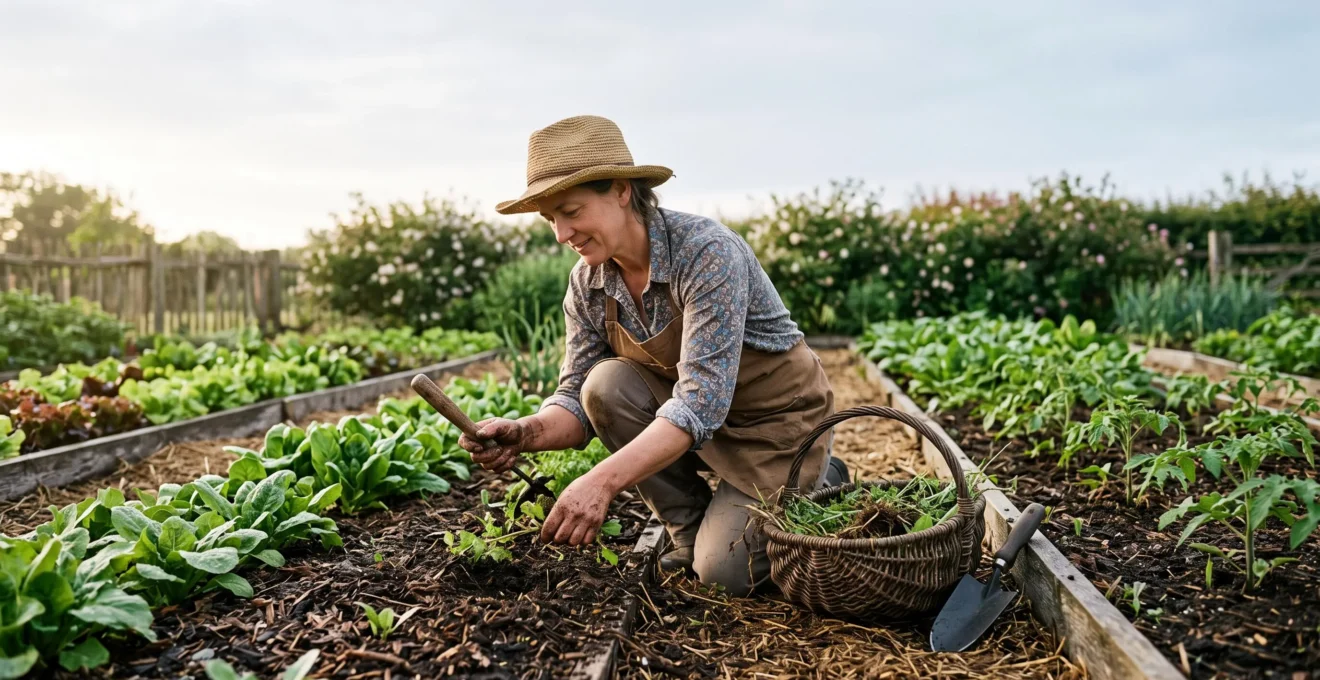 Jardinier accroupi désherbant à la main une bordure de potager tôt le matin, sans produits chimiques