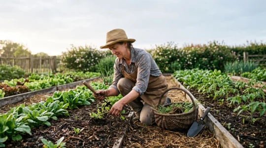 Jardinier accroupi désherbant à la main une bordure de potager tôt le matin, sans produits chimiques