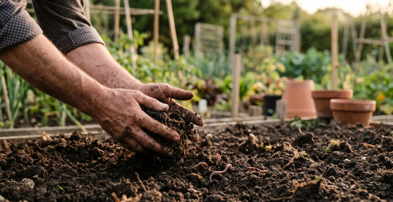 Mains de jardinier travaillant une terre meuble et sombre, riche en matière organique, avant la plantation