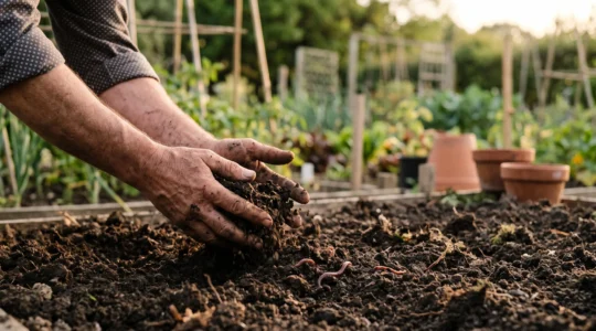 Mains de jardinier travaillant une terre meuble et sombre, riche en matière organique, avant la plantation