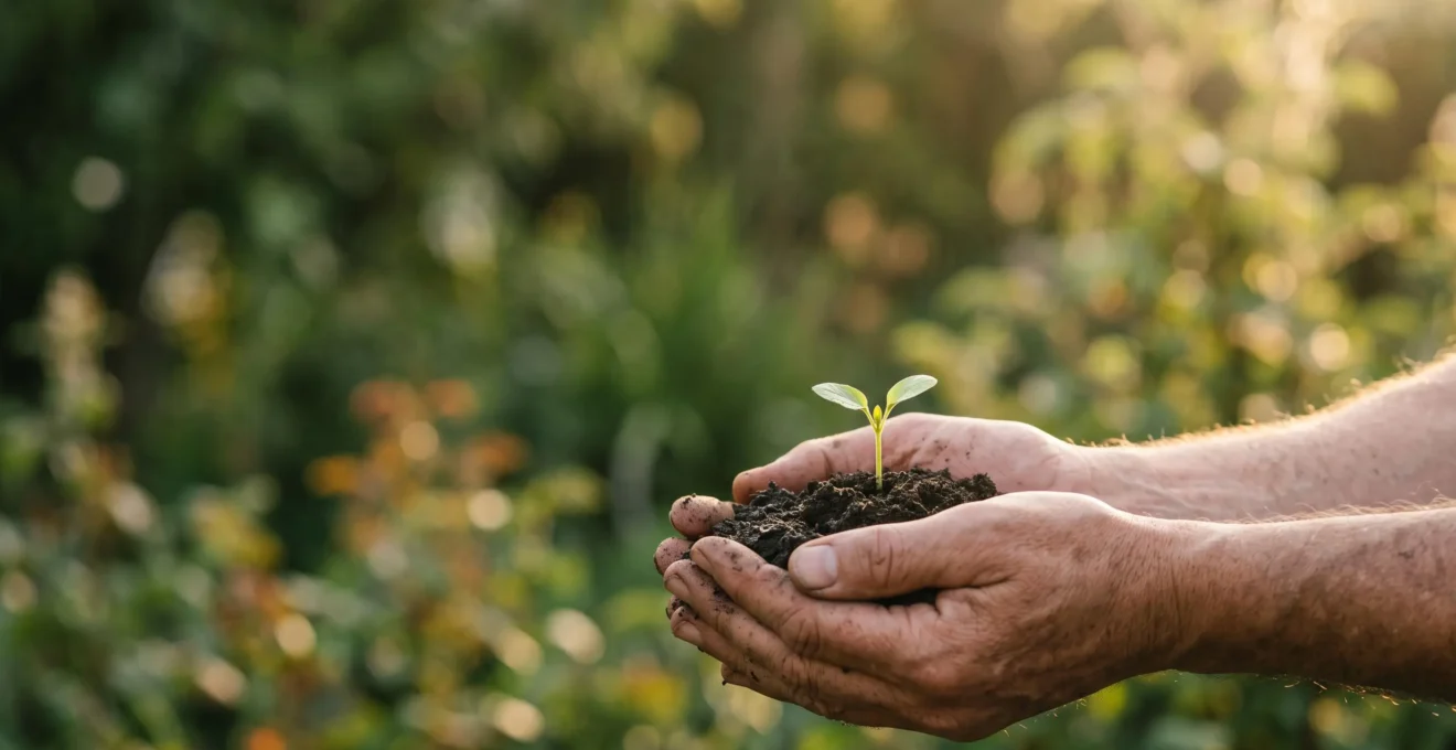 Mains d'une personne plongées dans la terre d'un jardin baigné de lumière douce, symbolisant l'apaisement mental par le contact avec la nature