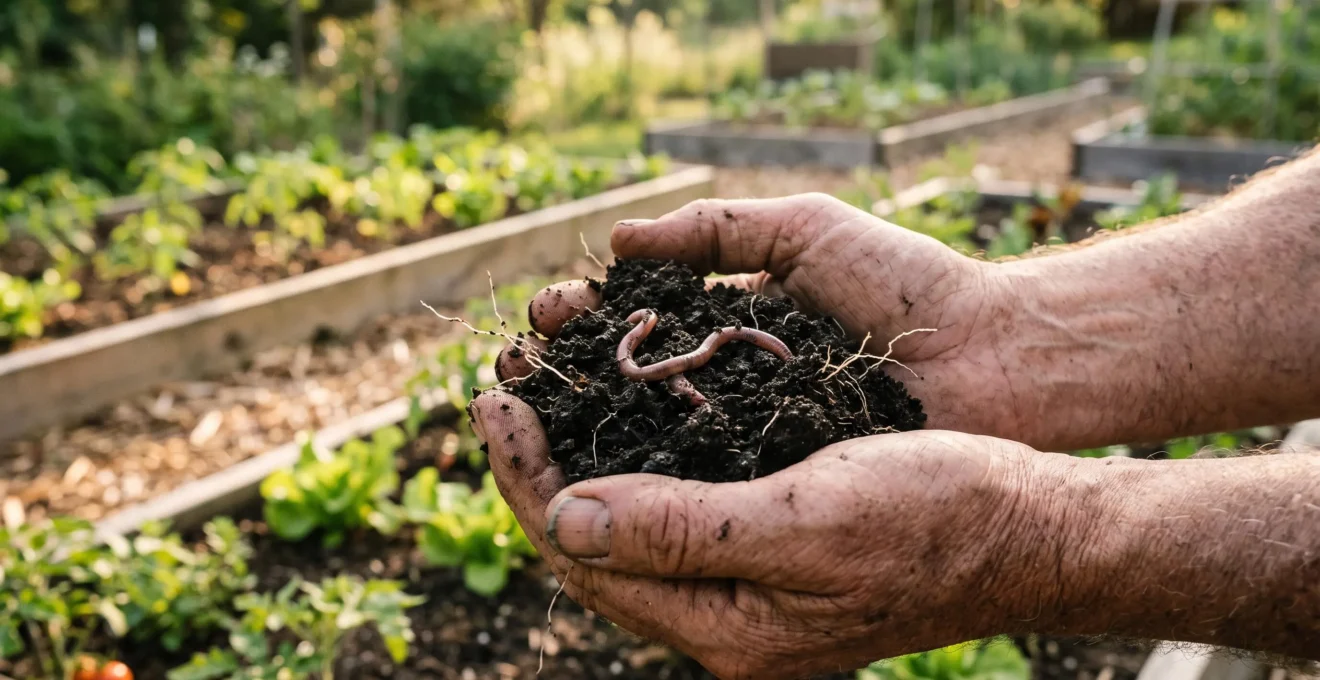 Mains tenant une motte de terre noire et grumeleuse riche en humus, avec un lombric visible et de jeunes racines, dans un potager flou en arrière-plan