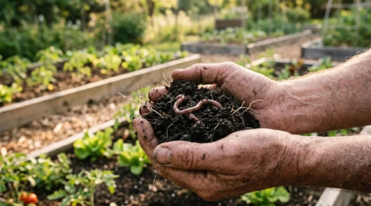 Mains tenant une motte de terre noire et grumeleuse riche en humus, avec un lombric visible et de jeunes racines, dans un potager flou en arrière-plan