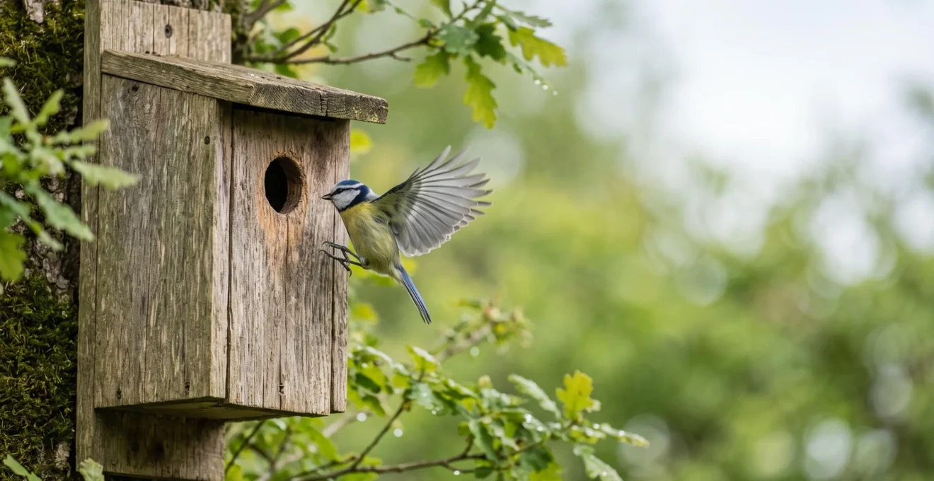 Une mésange bleue se posant sur le trou d'envol d'un nichoir en bois brut suspendu dans un jardin baigné de lumière matinale