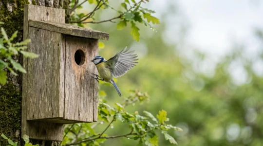Une mésange bleue se posant sur le trou d'envol d'un nichoir en bois brut suspendu dans un jardin baigné de lumière matinale