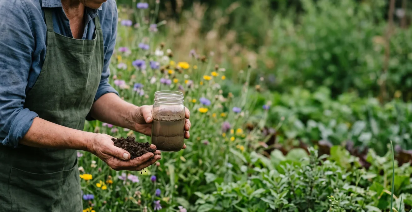 Mains d'un jardinier mesurant la qualité du sol dans un jardin verdoyant, symbole de la mesure de l'empreinte carbone au jardin